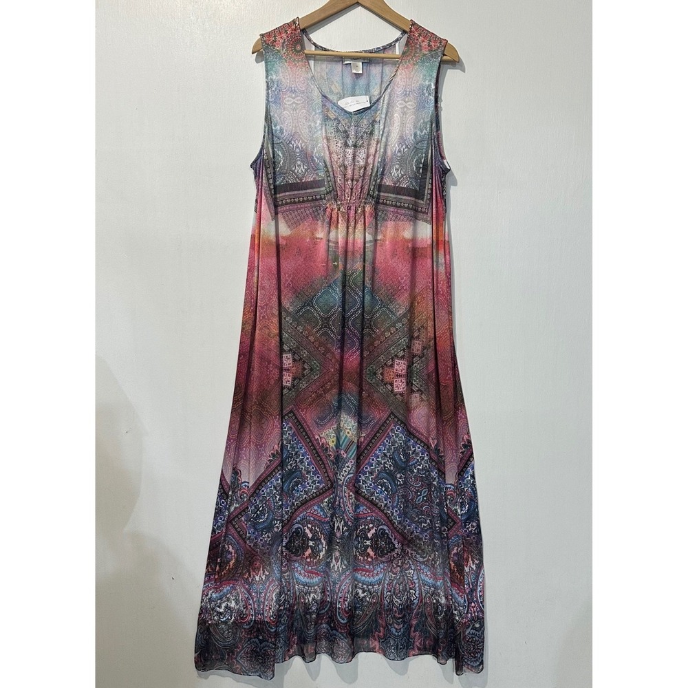 CJ Banks Womens 2X Plus Size Paisley Geometric Print Rhinestone Maxi Dress NEW
